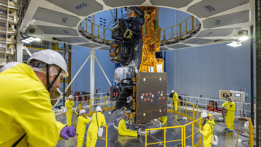 The  European Space Agency (ESA)’s MetOp-SG-A1 weather satellite with its payload of six instruments has been sealed inside the Ariane 6 rocket’s fairing ahead of liftoff on 13 August.  - Uncredited