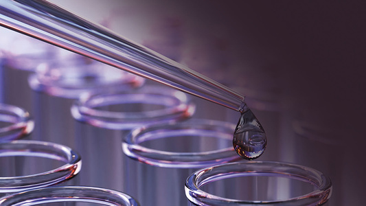 3d render Testing Liquid from Glass Pipette to Test Tubes on Purple Reflective Background, Laboratory and Medical Concept (Depth Of Field).iStock-2227232848 - Uncredited