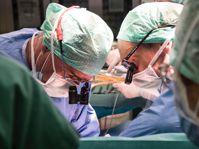 Prof. Pierre-Alain Clavien and Prof. Philipp Dutkowski during the transplantation of the liver treated in the machine. (Image credit: USZ)