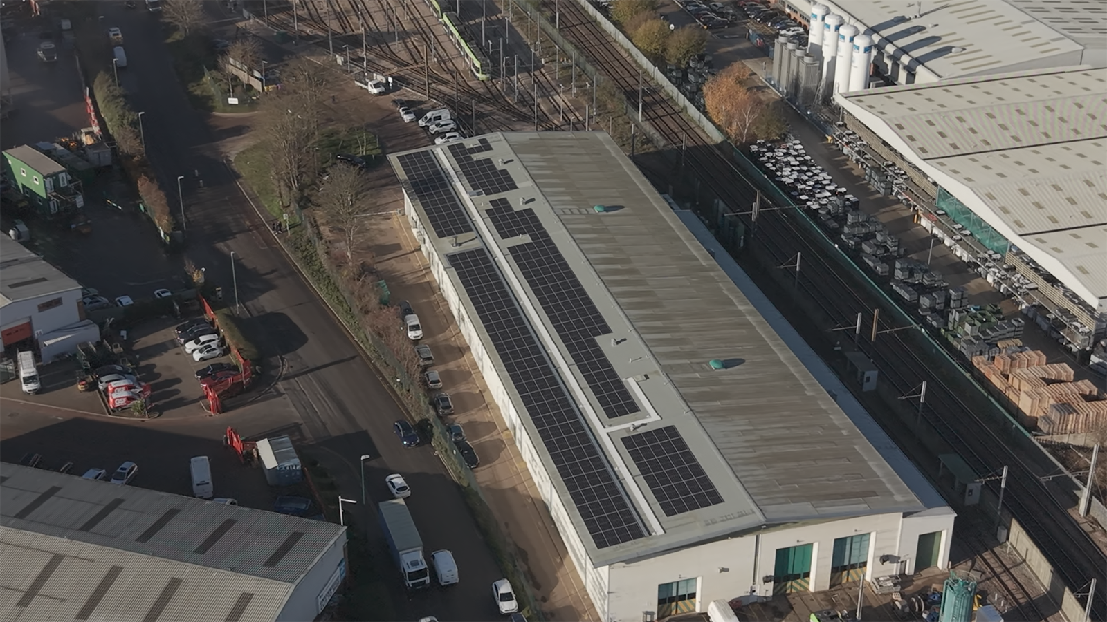 Aerial shot of solar panels on Croydon tram depot - Credit: TfL